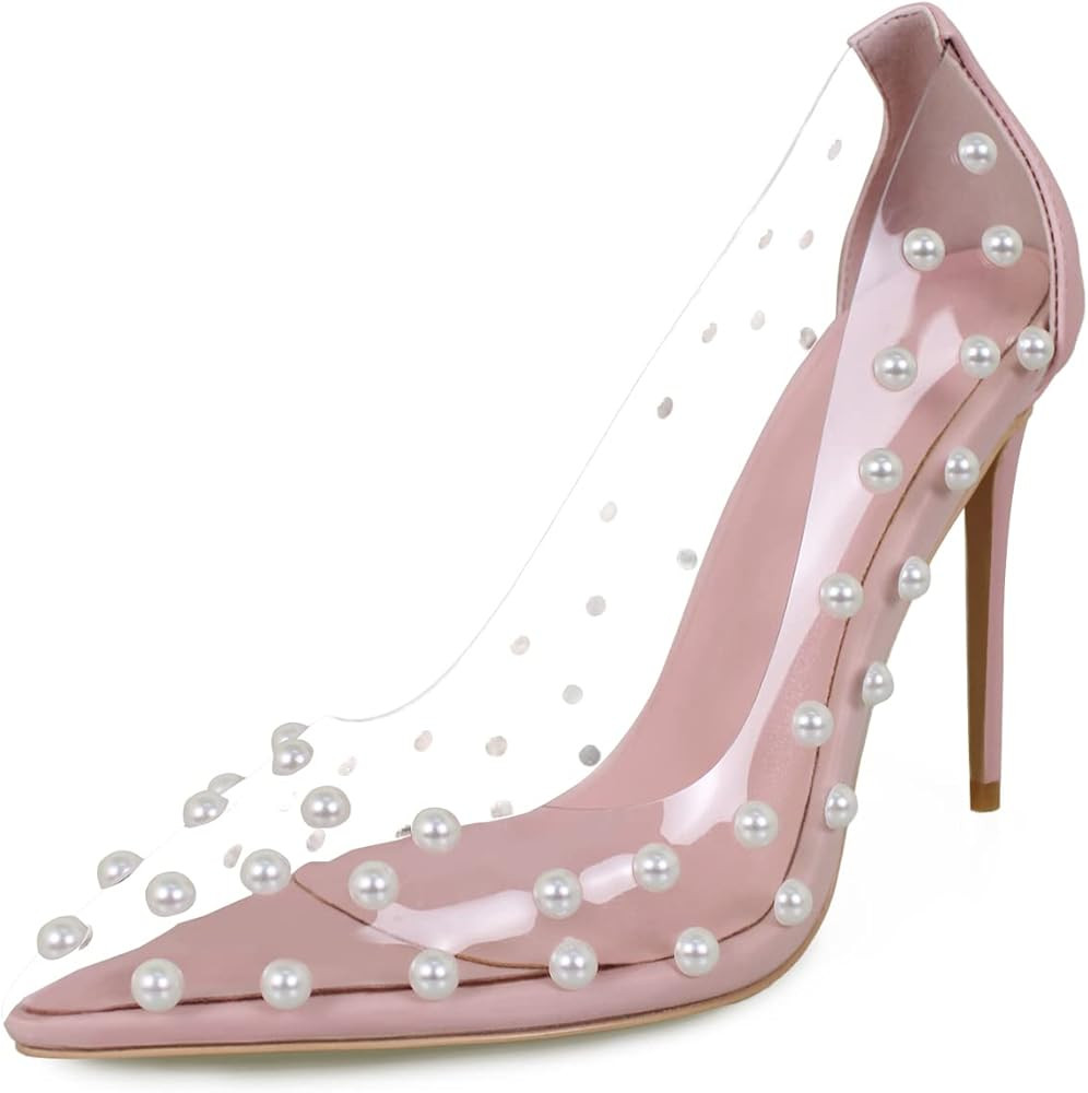 iadore Women's Pumps,11cm Pointed Toe Women High Heel Shoes Fashion Pearl Studded PVC Clear Heels Pa | Amazon (US)