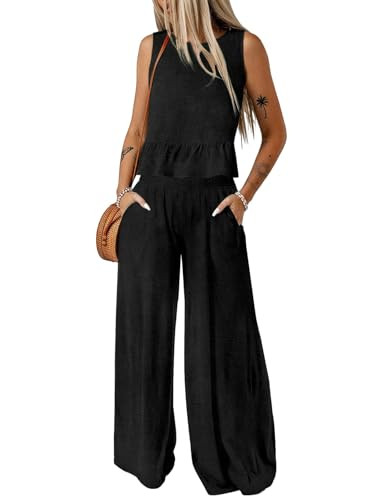 Dokotoo Boho Two Piece Sets for Women Floral Fashion Clothing Crew Neck Sleeveless Crop Top Wide ... | Amazon (US)