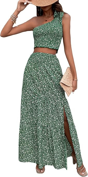 Verdusa Women's 2 Piece Outfit Floral Tie Shoulder Crop Top and Split Maxi Skirt Sets | Amazon (US)