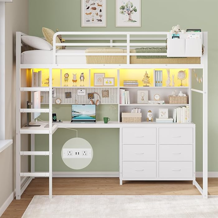 DICTAC Loft Bed Twin Size with L-Shaped Desk,Bookshelf and Charging Station Metal Twin Loft Bed w... | Amazon (US)