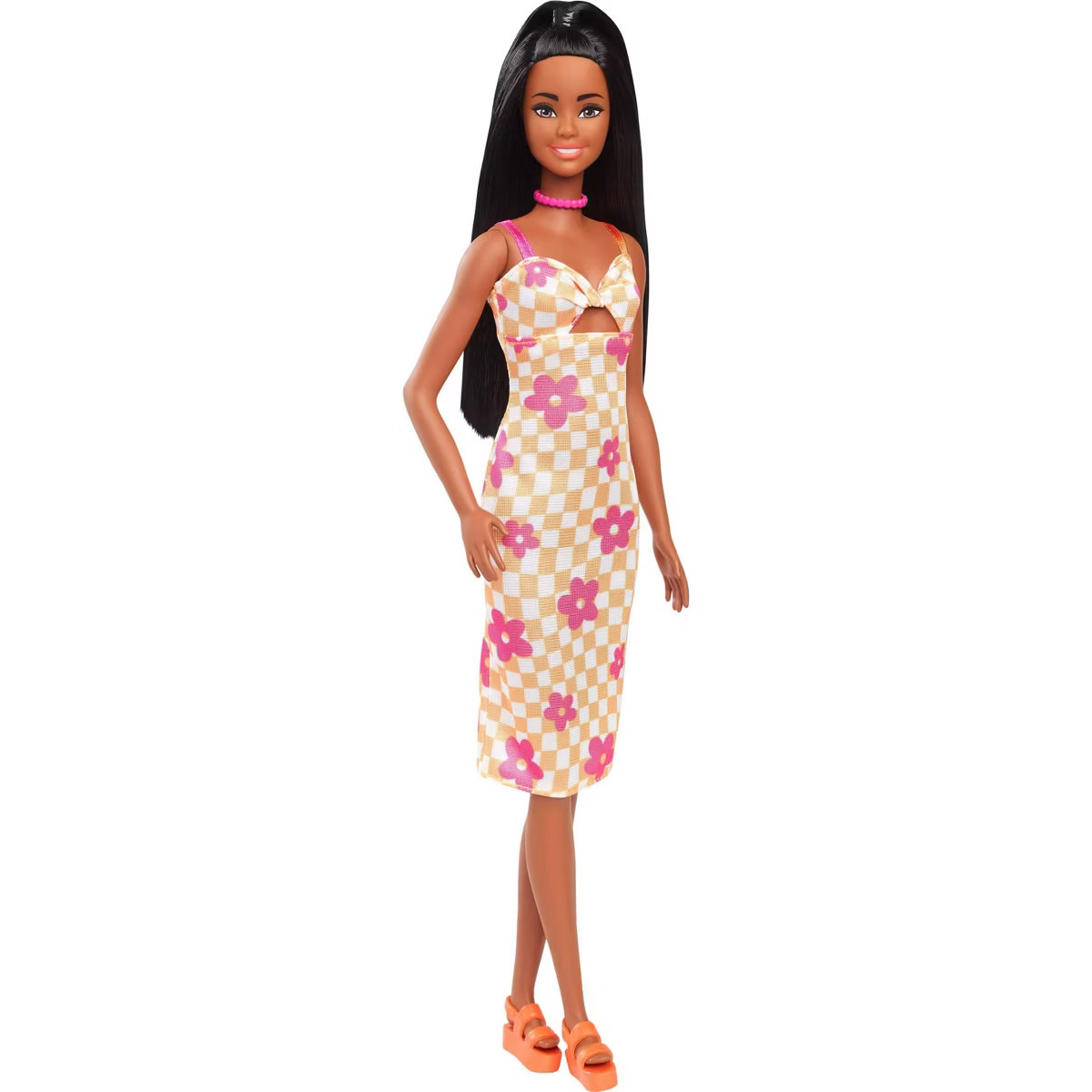 Barbie 12.7" Fashionista Pink and Orange Check Dress Doll Black Hair/Brown Eyes | Target