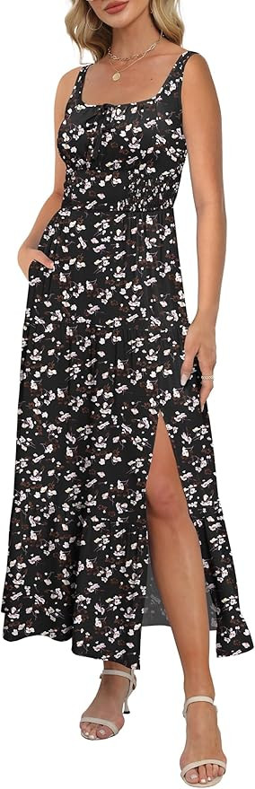 ANRABESS Women Summer Maxi Dress 2025 Square Neck Sleeveless Casual Boho Floral High Waist Slit T... | Amazon (US)