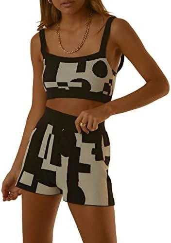 Newbgclo Women's Two Pieces Knitted Outfit Sleeveless Straps Floral Print Cropped Tank Tops High ... | Amazon (US)