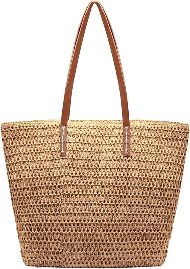 Straw Beach Tote Bag for Women Large Woven Shoulder Handbag Straw Bag for Summer Beach Vacation | Amazon (US)