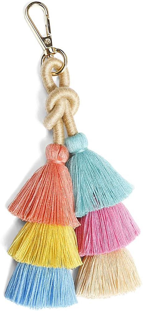 Colorful Keychains Boho Pom Pom Tassel Bag Decorations Charm Wristlet Bracelet Keyring for Women | Amazon (US)