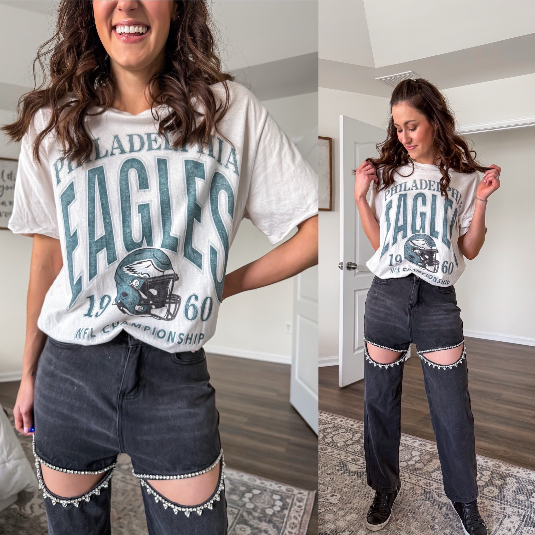Super Bowl outfit - go eagles! 🦅 graphic t shirt paired with rhinestone embellished jeans 

#LTKFindsUnder50 #LTKSeasonal