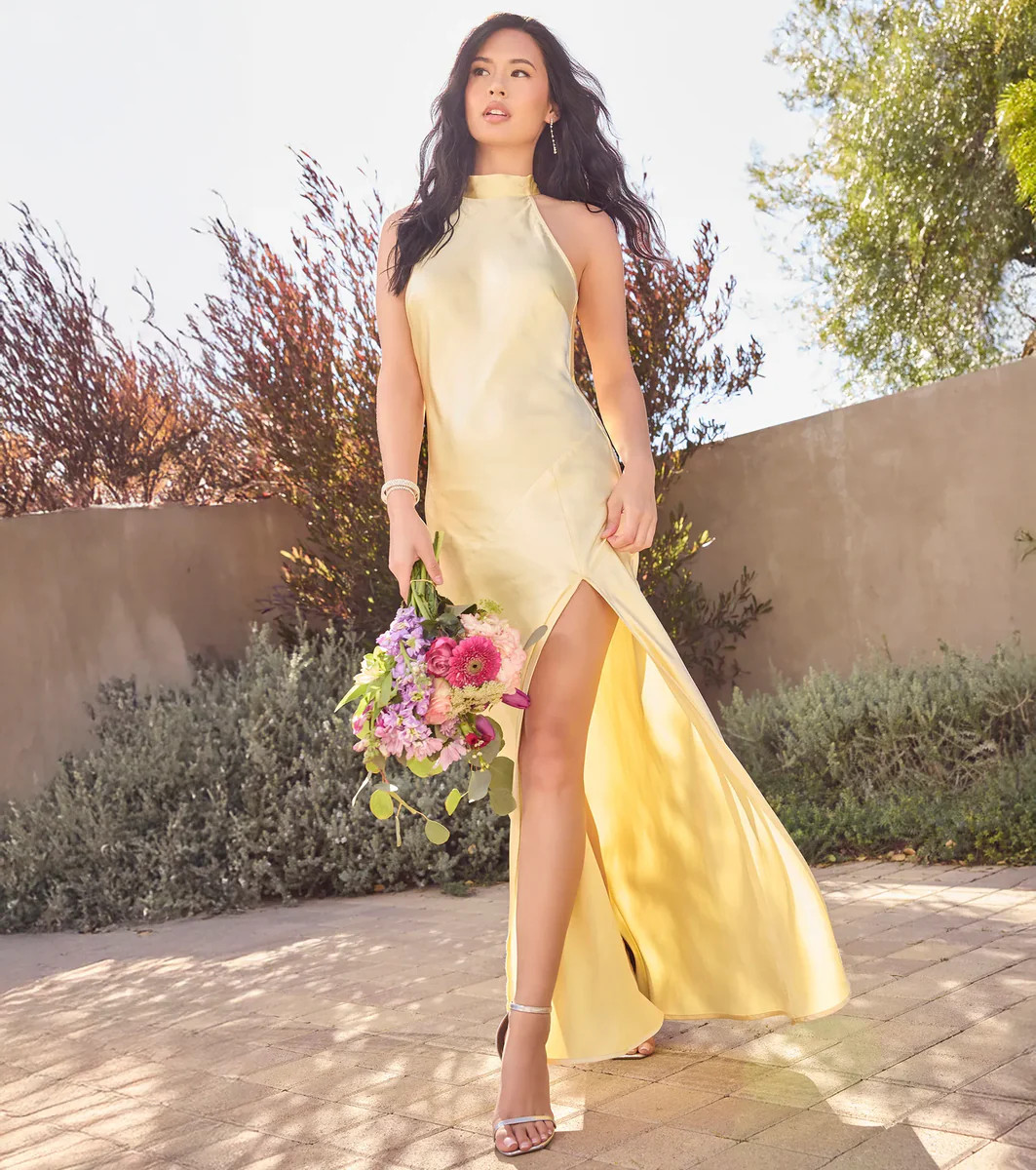 Andie Halter Open Back Slit Satin Formal Dress | Windsor Stores