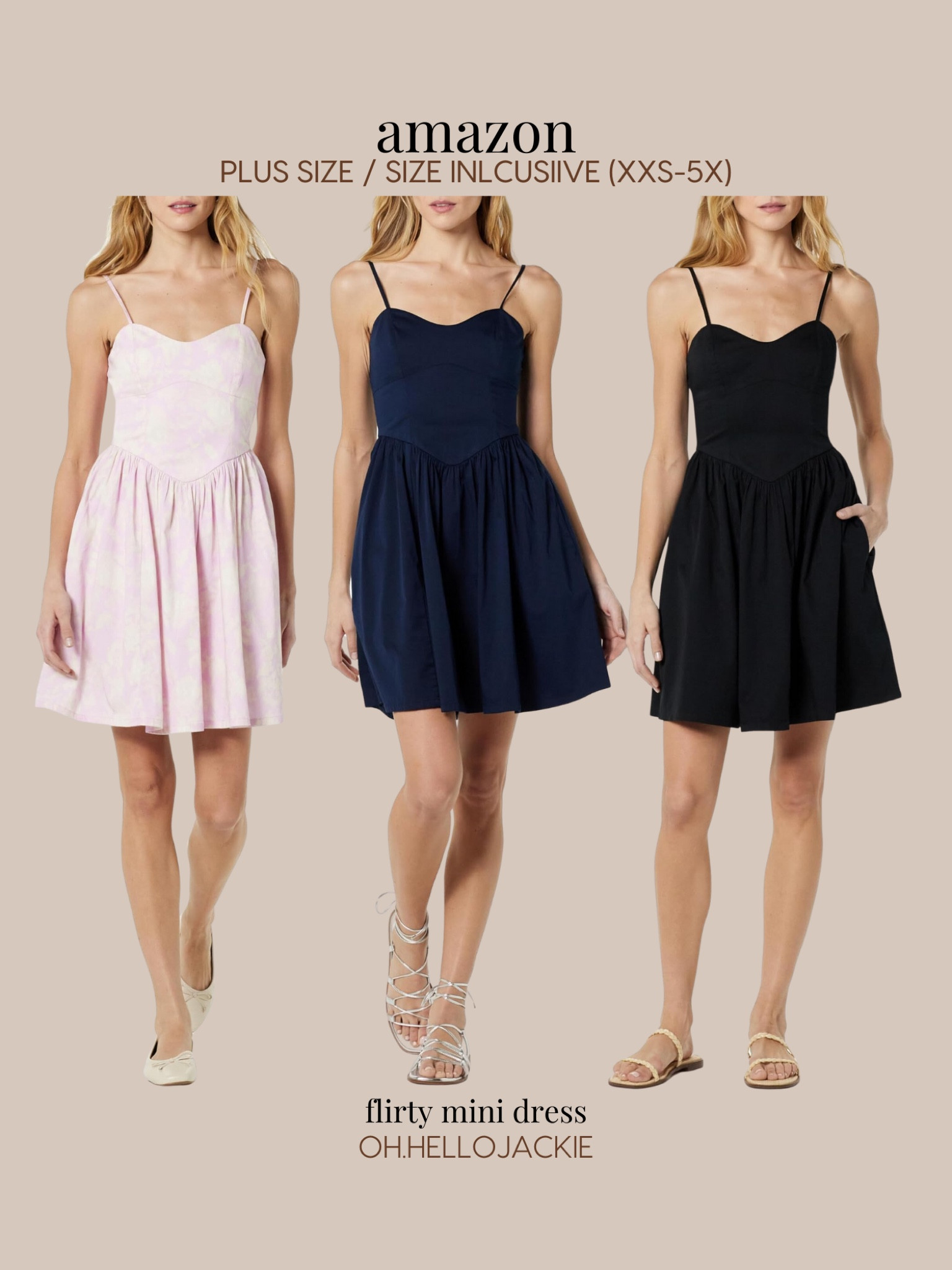 
AMAZON finds! Plus size and size inclusive - XXS to 3X, 4X, 5X TRUE TO US SIZES.

Flirty mini dress available in multiple colors (in addition to what’s shown!) Shown: blush pale pink mini dress, deep navy, black. Fitted bodice and flared skirt, sleeveless with thin straps. Shape defines the waist!

#LTKFindsUnder100 #LTKMidsize #LTKPlusSize