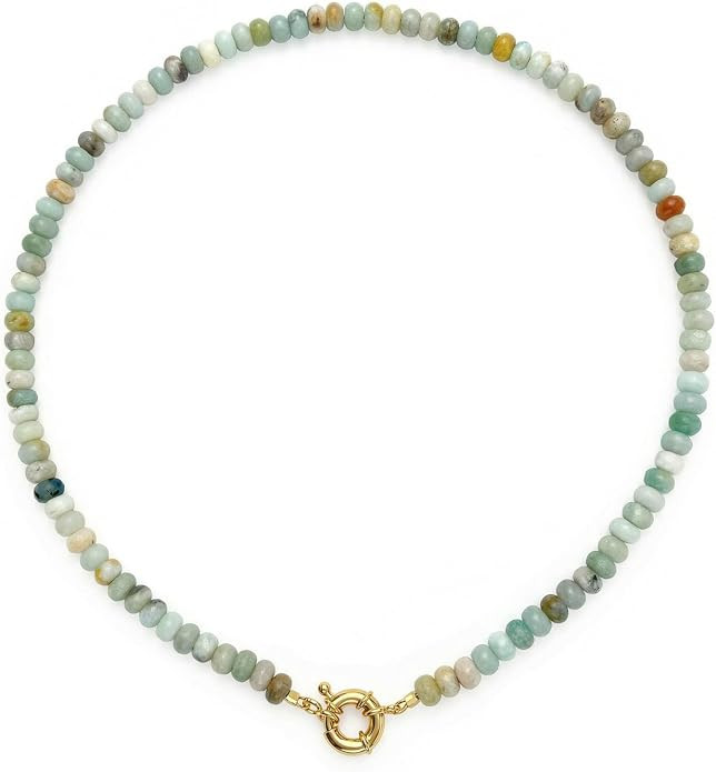 Amazonite Beaded Necklace, 4x6mm Natural Healing Gemstone Necklace for Women, Gold Plated Bohemia... | Amazon (US)