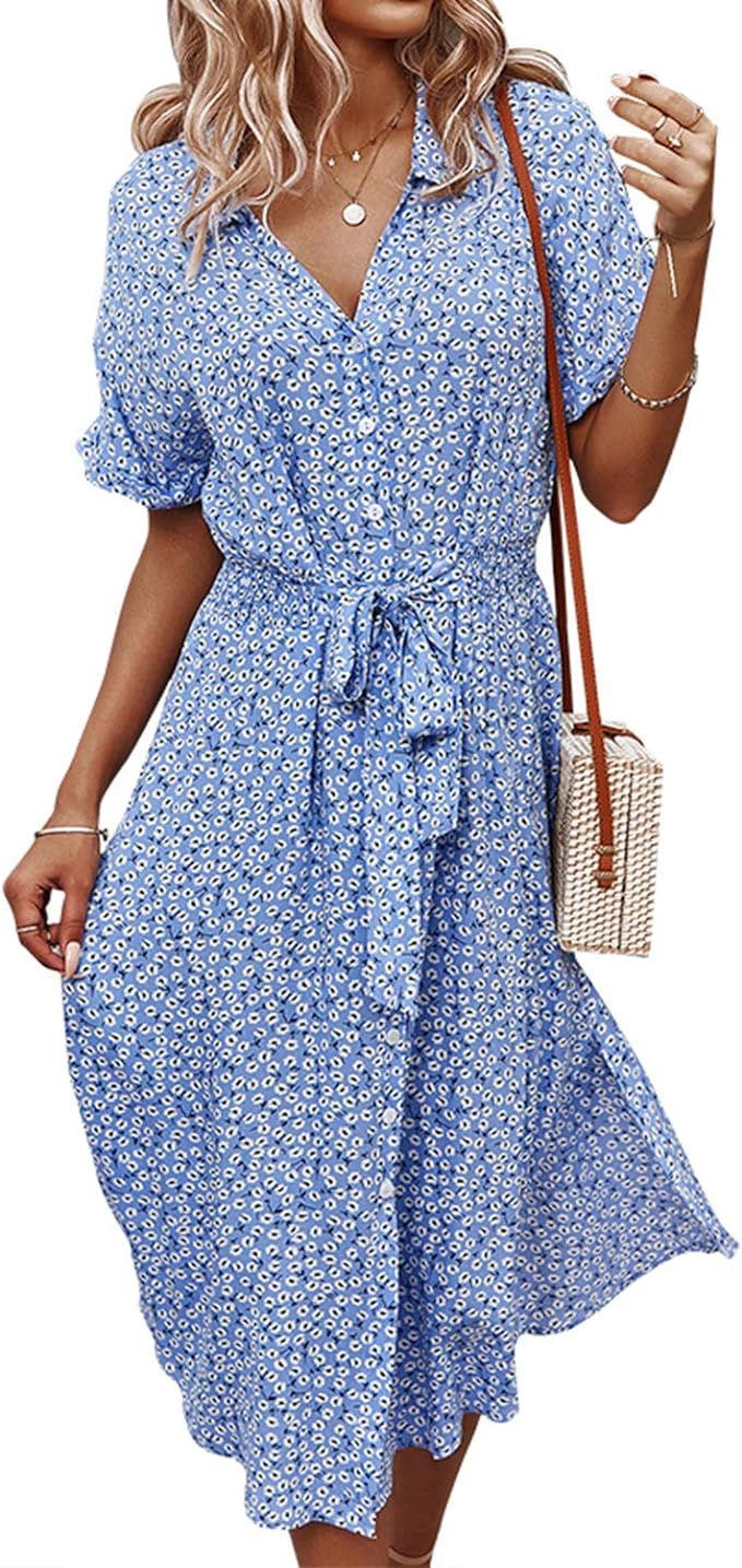 BROVAVE Women Summer Casual Short Sleeve Ditsy Floral Midi Dress | Amazon (US)