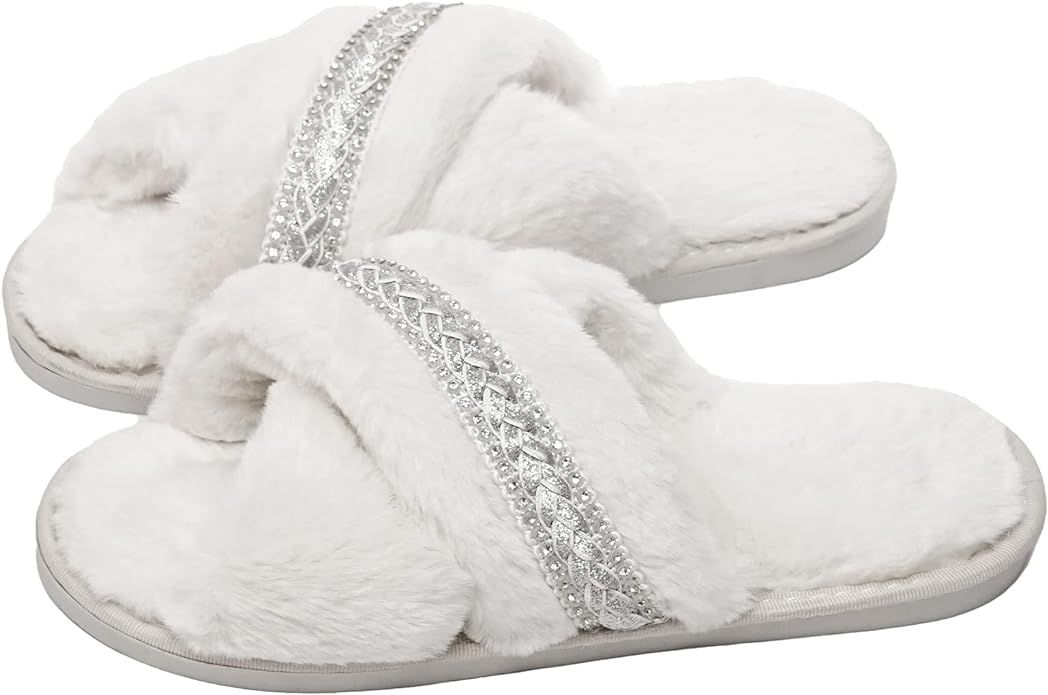 Winhot Slippers for Women White Cross Band Soft Fuzzy Plush Fleece,Fluffy Bride Slipper with Rhin... | Amazon (US)