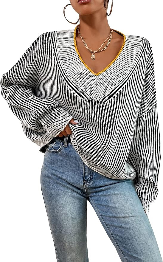 MakeMeChic Women's Oversized Striped V Neck Sweater Long Sleeve Knitted Pullover Top | Amazon (US)