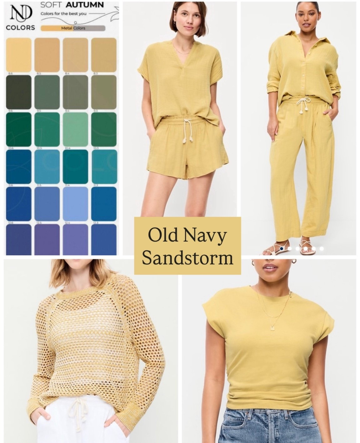 Soft Autumn Yellow -  Sandstorm at Old Navy

Warm, light, muted 
HOC Autumn, light mustard or old gold

#LTKSpringSale #LTKMidsize #LTKSaleAlert