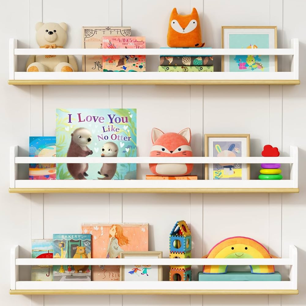 Upgraded Wall Bookshelf for Kids Room 36 Inches Long, White and Wood Nursery Floating Bookshelves... | Amazon (US)