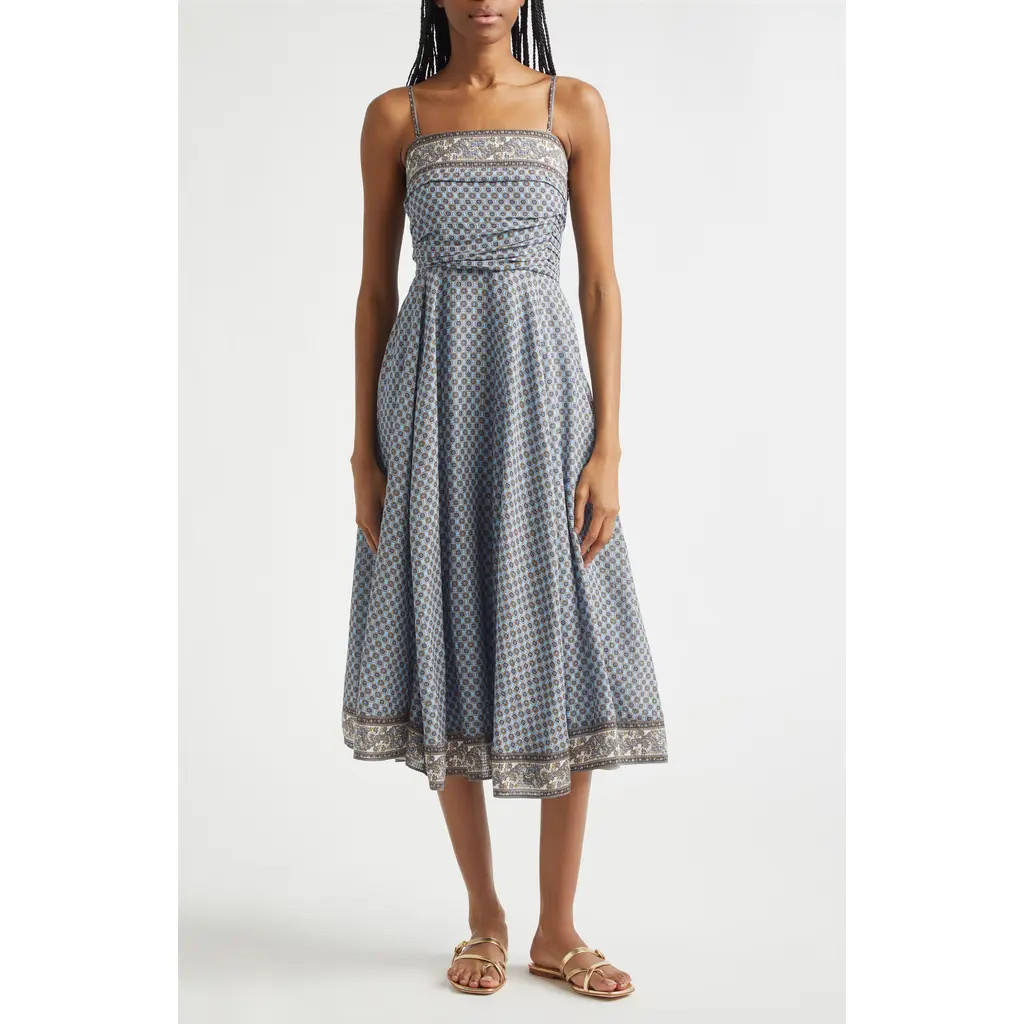 Veronica Beard Lana Ruched Medallion & Paisley Print Midi Dress in Blue Jay Multi at Nordstrom, Size 0 | Nordstrom