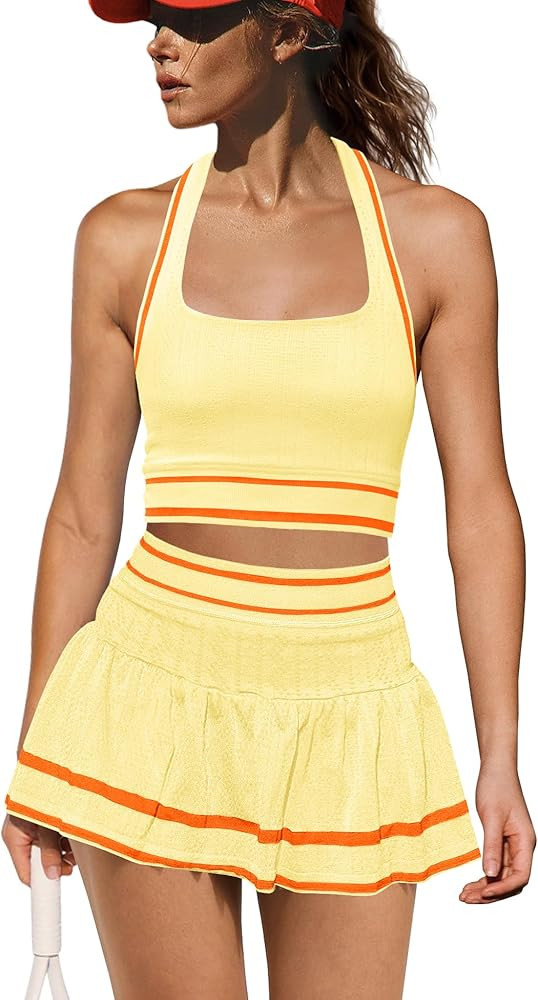Yanekop Womens Tennis Skirt Set 2 Piece Workout Sets Golf Outfits Athletic Sets Cropped Tank Top ... | Amazon (US)