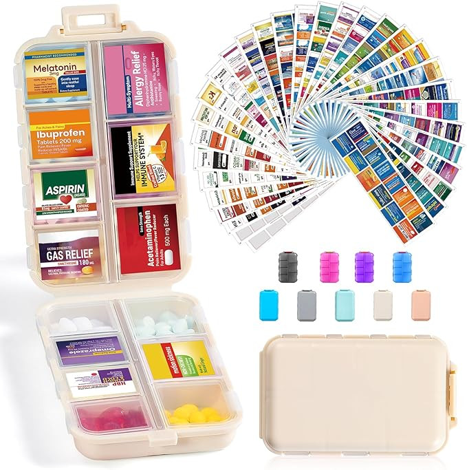 14 Grids Travel Pill Organizer Box with 415-Pcs Medicine Name Labels - Pocket Daily Pharmacy Case... | Amazon (US)