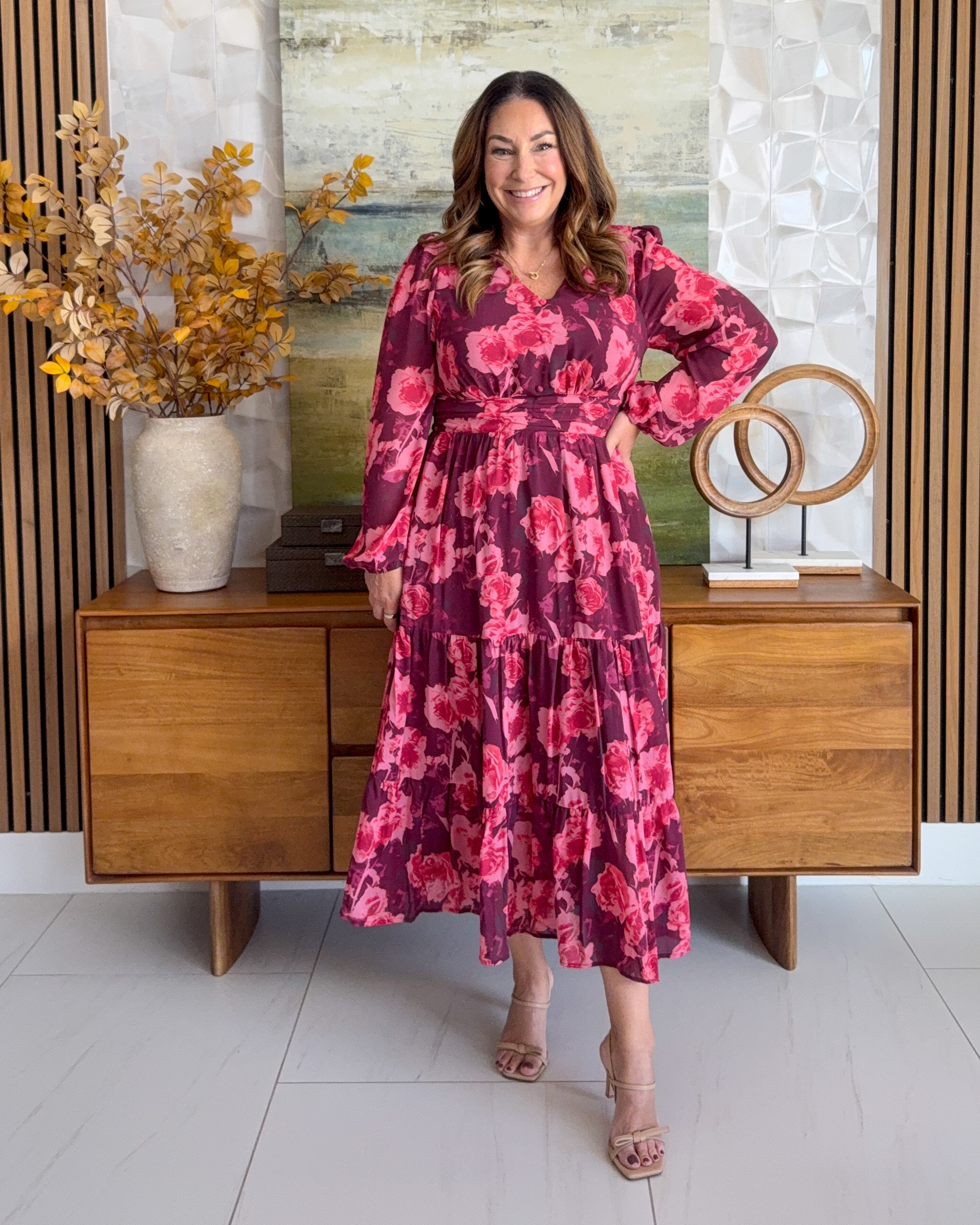 Fall rose print dress 🍷 Burgundy and pink rose print long-sleeve tiered midi dress with a v-neck and tie waist, finished with nude strappy heels. A pretty wedding guest and date-night dress for fall. Sizing: tts, large

#LTKSeasonal #LTKOver40 #LTKMidsize