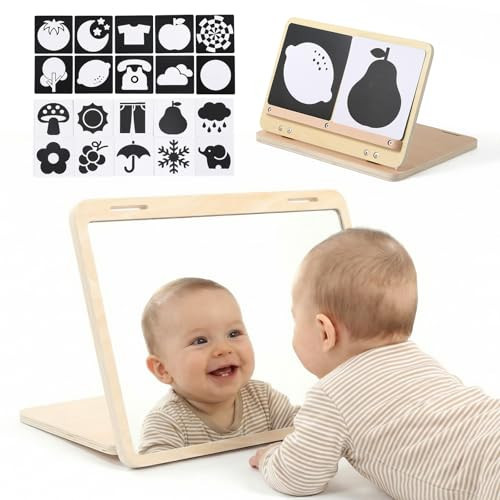 IEATFO Tummy Time Play Set Adjustable Angle, Double-Sided Design, Montessori Tummy Time Toys Large Baby Safe Mirror and Card Display Stand with Black and White High Contrast Baby Cards | Amazon (US)