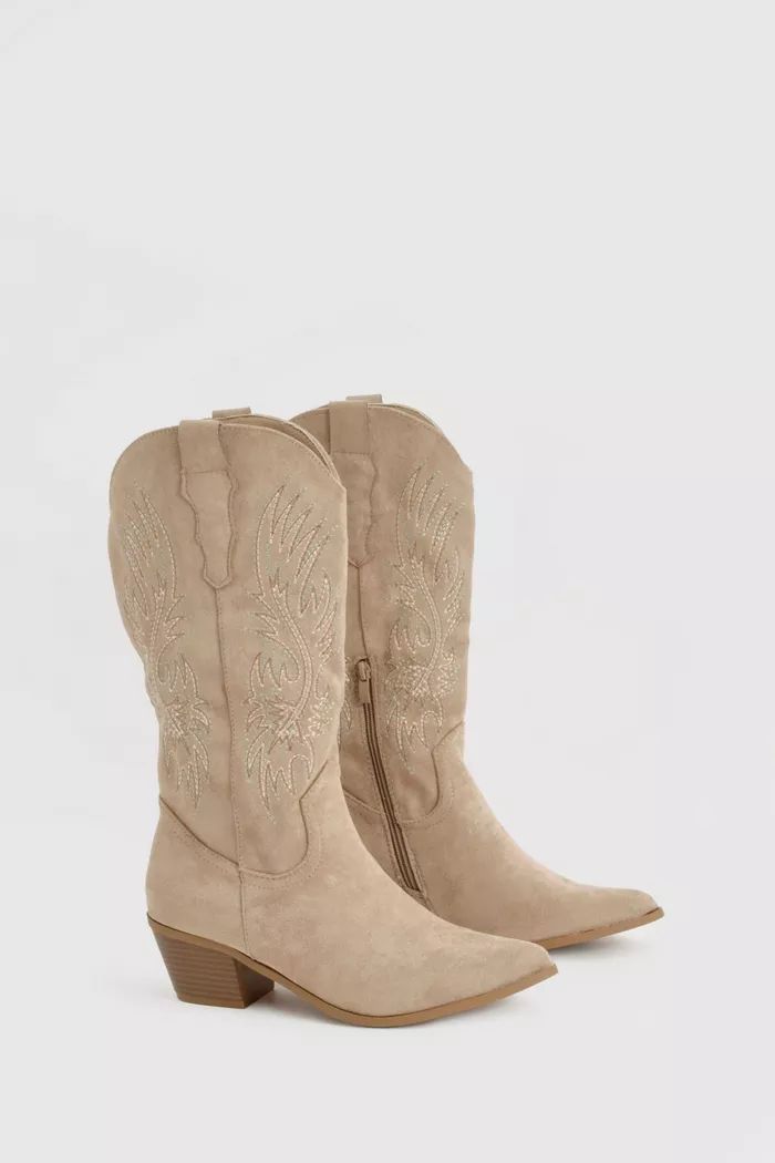 Embroidered Knee High Western Boots | Boohoo.com (UK & IE)