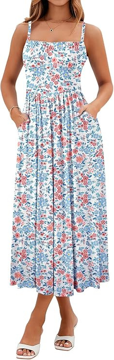 Sureple Long Dresses for Women 2026 Sleeveless Ruched Bust Swing Aline Fitted Spaghetti Strap Sun... | Amazon (US)