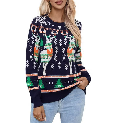 BLUEMING Sweater for Women Crew Neck Long Sleeves Knitted Reindeer Snowflakes Soft Casual Pullover Sweaters, Navy blue - XL | Target