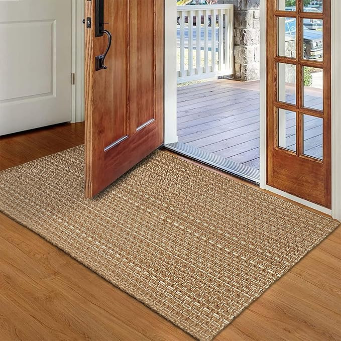 Tan Brown Boho Braided Entryway Rug 2x3 ft,Solid Indoor Small Area Doormat | Neutral solid braide... | Amazon (US)