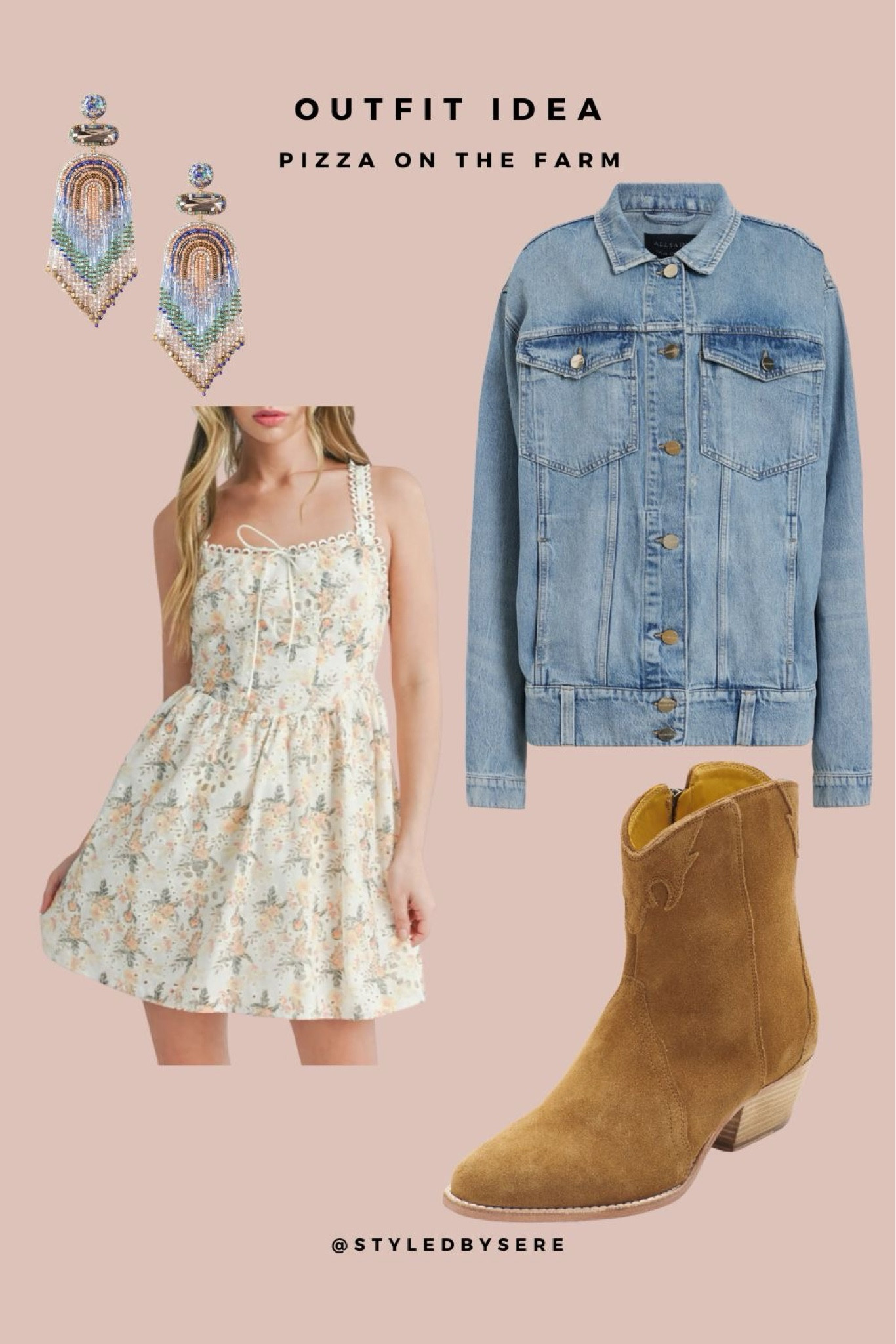 Have a yee-haw of a time this summer with an adorable western getup. We start with a sweetheart floral dress, a fun flirty skirt and a sweetheart bow. Now add suede ankle booties for some texture. Layer on an oversized denim jacket (keep it a lighter shade for a laid back look). Now finish with statement earrings that compliment the dress's colors and really make an entrance. You'll be the bell of the ho-down ball!

#LTKFestival #LTKParties #LTKShoeCrush