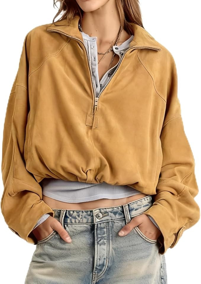 Women's Suede Leather Cropped Pilot Jacket Half Zip Up Lapel Pullover Casual Loose Outerwear for ... | Amazon (US)