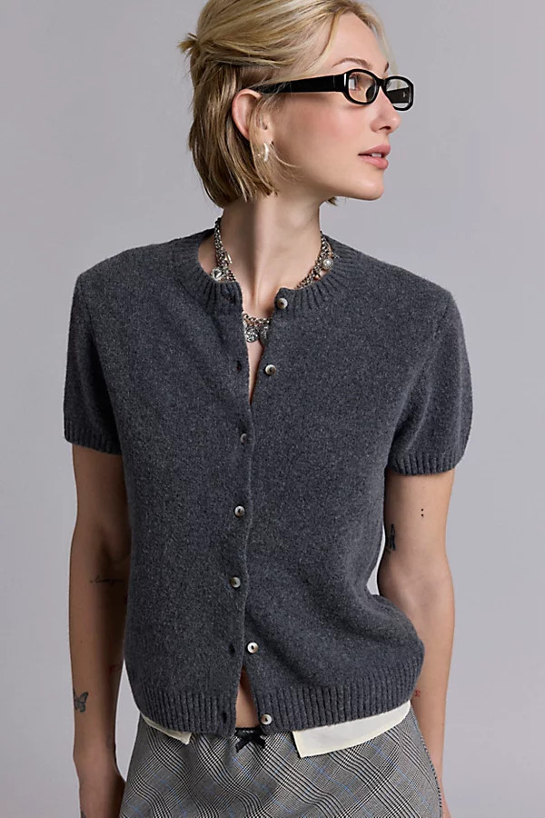 Kimchi Blue Rachel Short Sleeve Cardigan in Heather Charcoal, Women's at Urban Outfitters | Urban Outfitters (US and RoW)