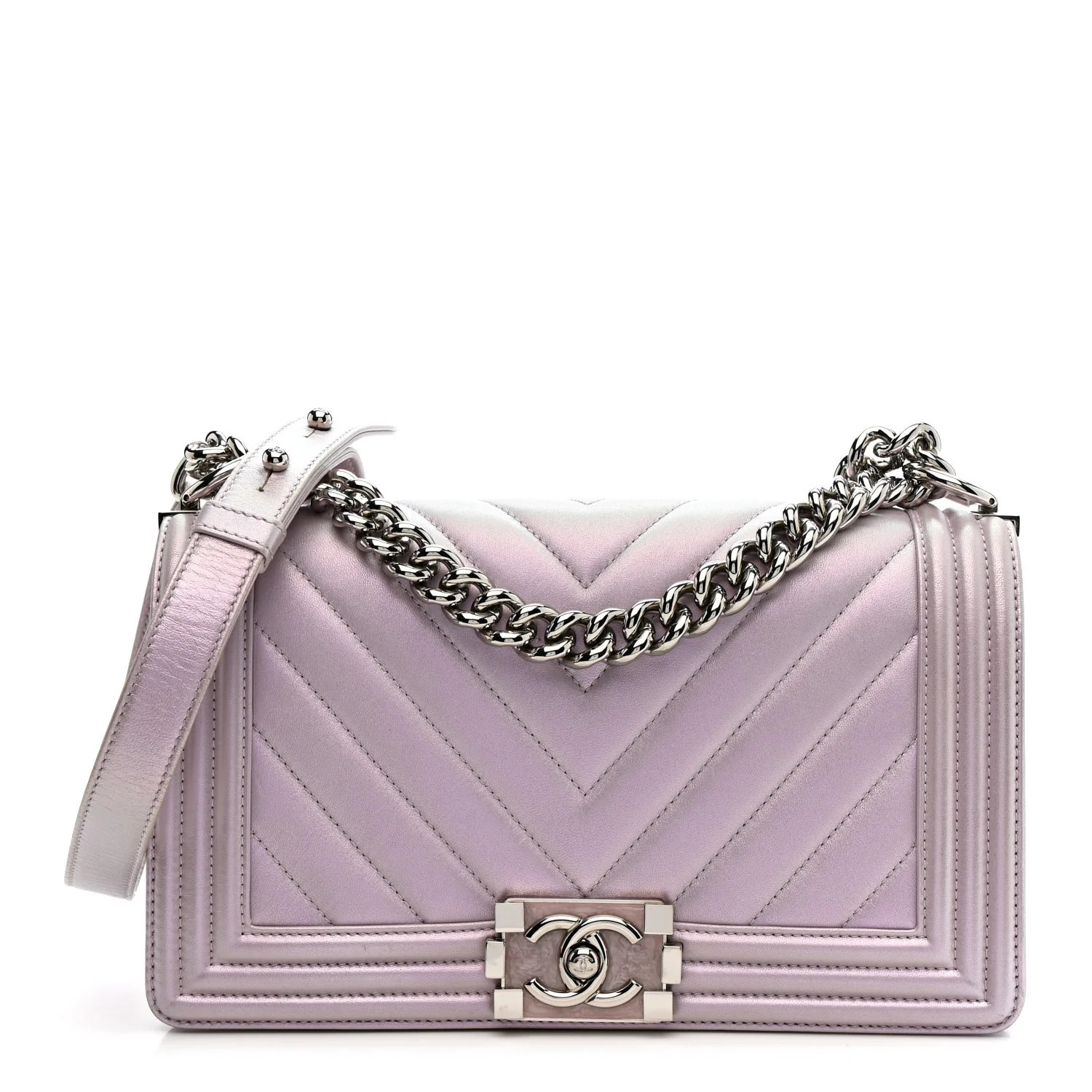 Iridescent Lambskin Chevron Quilted Medium Boy Flap Purple | FASHIONPHILE (US)