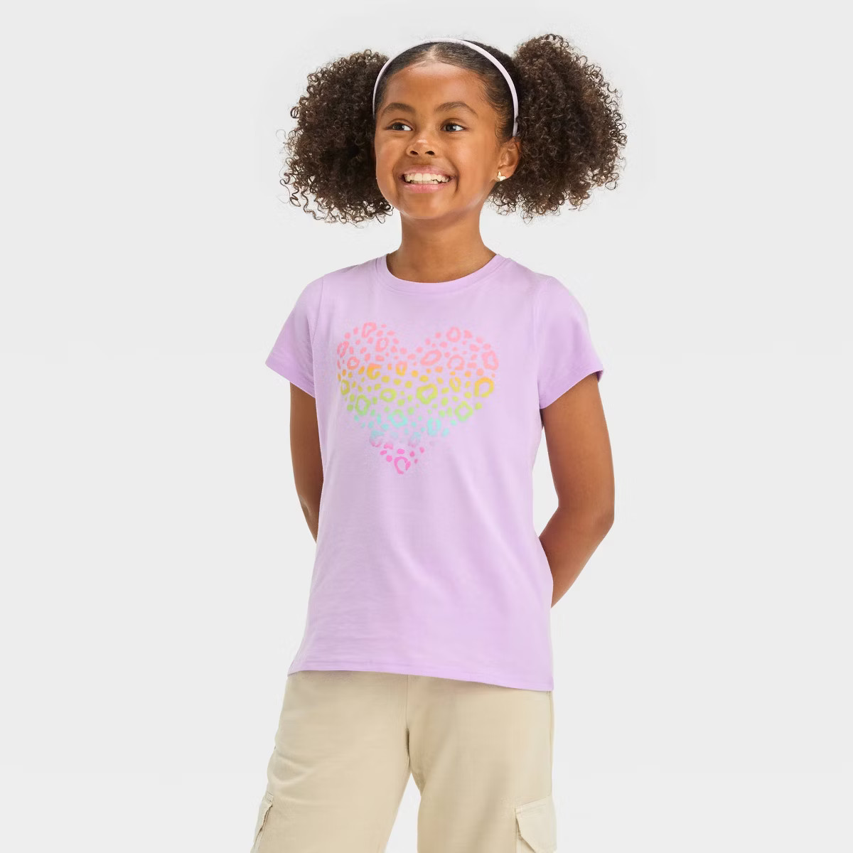 Girls' Short Sleeve Leopard Printed Heart Graphic T-Shirt - Cat & Jack™ Lavender | Target