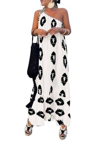 PRETTYGARDEN Women's 2026 Summer One Shoulder Maxi Dress Printed Flowy Boho Long Sundresses Spring Beach Vacation Clothes (White Black Floral,Medium) | Amazon (US)