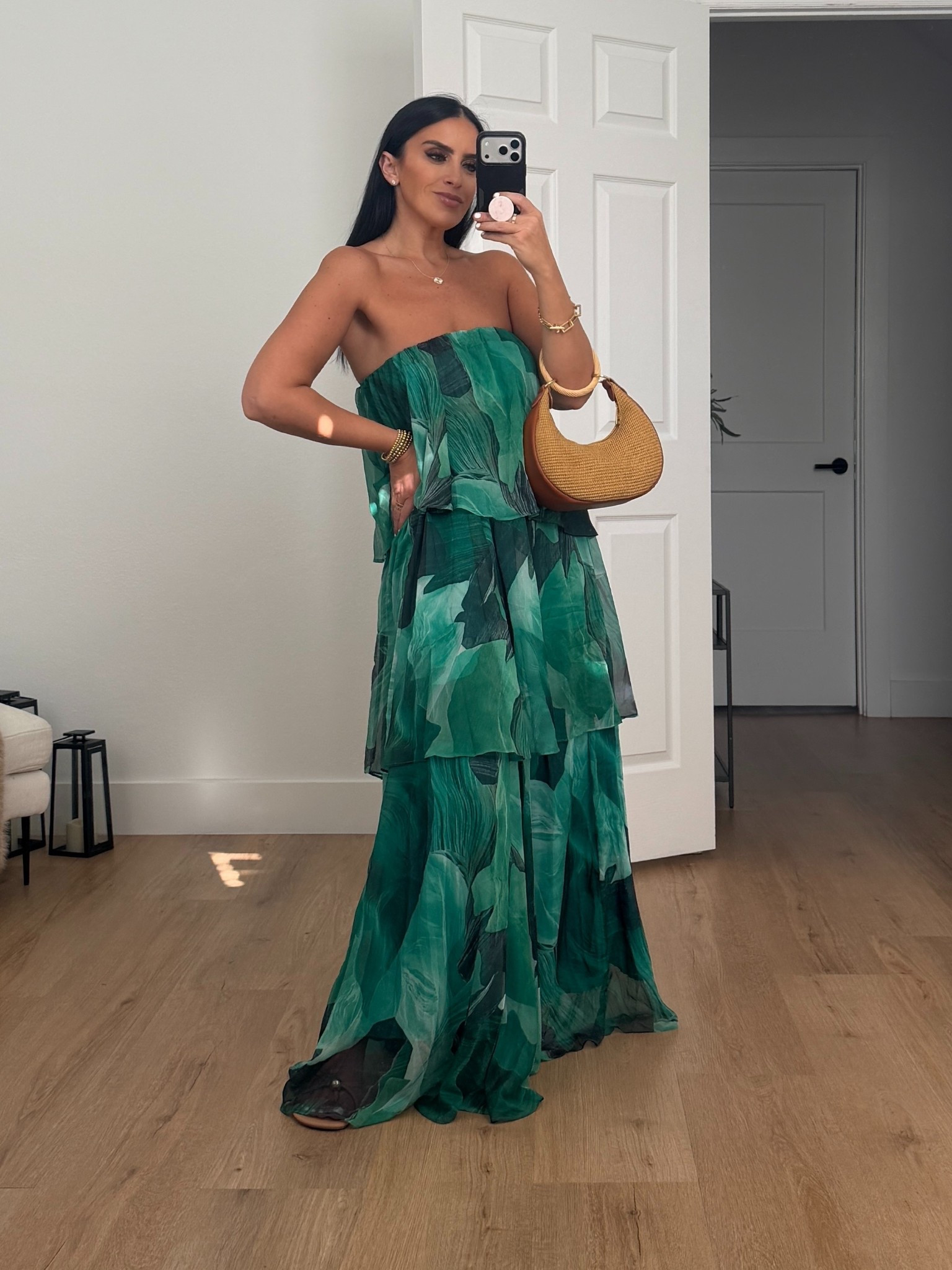 Petal & Pup Bloom Strapless Tiered Chiffon Maxi Dress wearing size small. 

