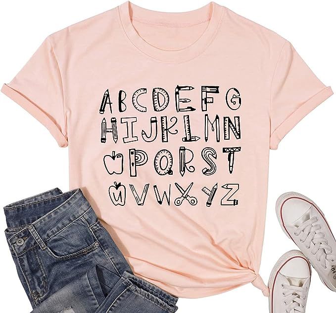 Teacher Shirt Women Teaching Tshirt Alphabet Graphic Tee Tops Kindergarten Teachers Gift T-Shirt | Amazon (US)