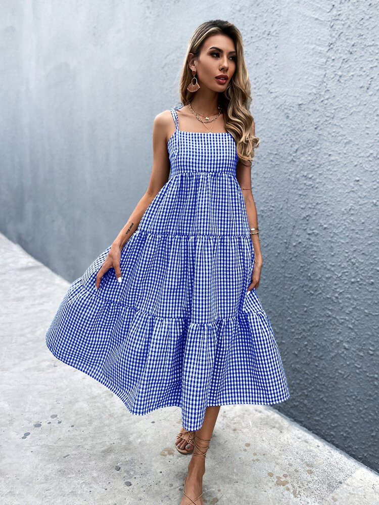 Gingham Ruffle Hem Tie Shoulder Cami Dress | SHEIN