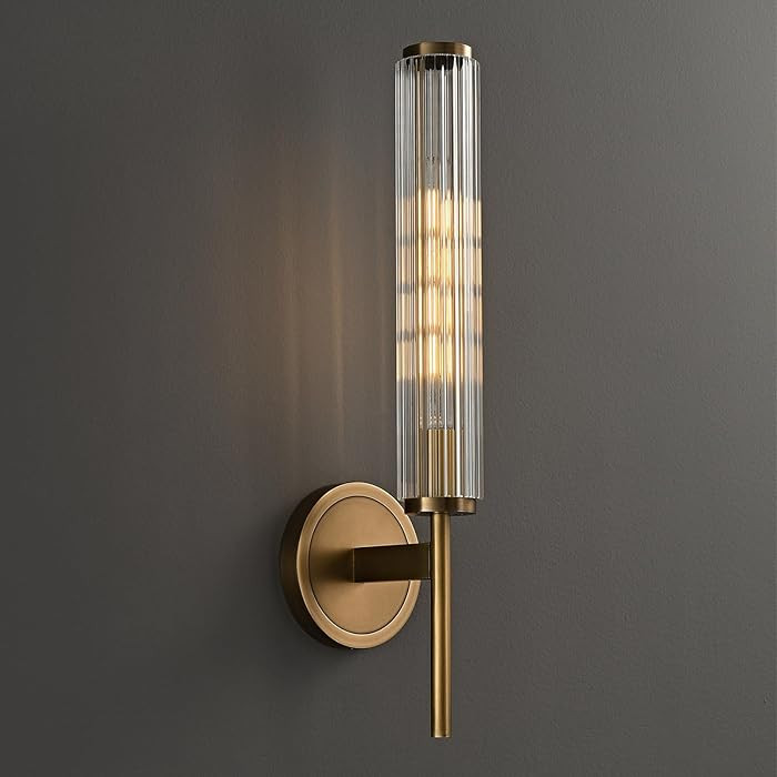 18.9" Solid Brass Wall Sconce with Ribbed Groove Glass Tube - Gold Wall lamp Includes Bulbs - Mod... | Amazon (US)