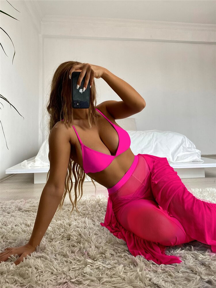 3pack Triangle Bikini Swimsuit With Cover Up Pants | SHEIN