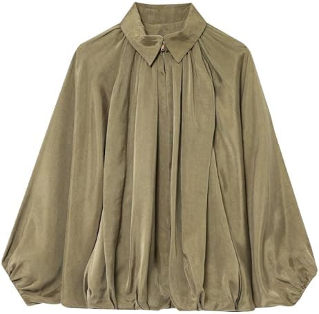 Womens Puffed Bomber Jacket Casual Batwing Sleeve Lapel Collar Zip Shirts Oversized Pleated Stree... | Amazon (US)