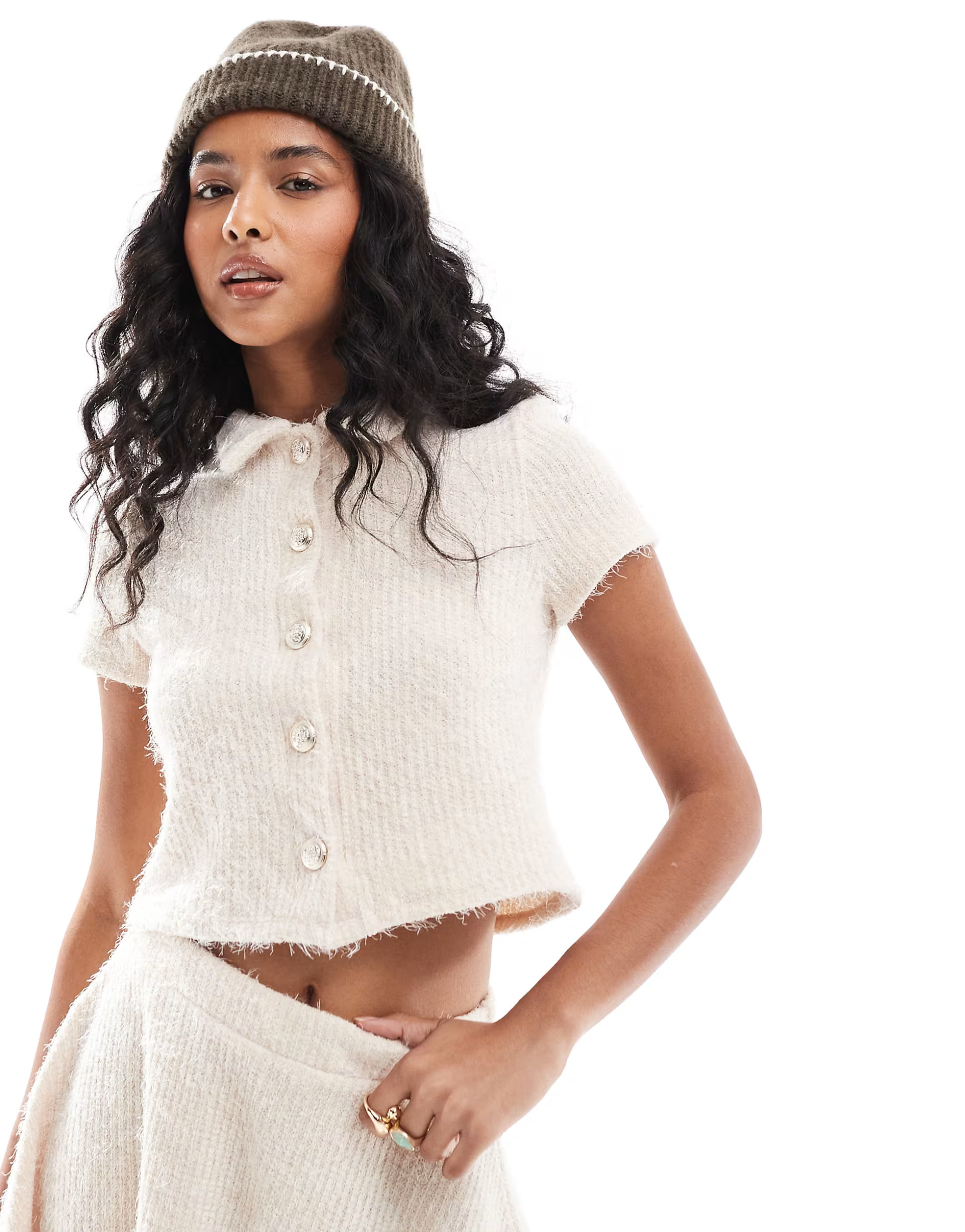 ASOS DESIGN fluffy short sleeve cardigan in cream (part of a set) | ASOS (Global)