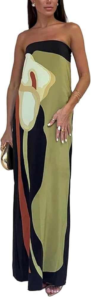 Women Strapless Maxi Dress Boho Floral Print Flowy Long Tube Dress Off Shoulder Loose Beach Sundr... | Amazon (US)