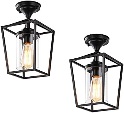 HMVPL Farmhouse Semi Flush Mount Ceiling Lights, Black Close to Ceiling Lamp with Glass Lampshade fo | Amazon (US)