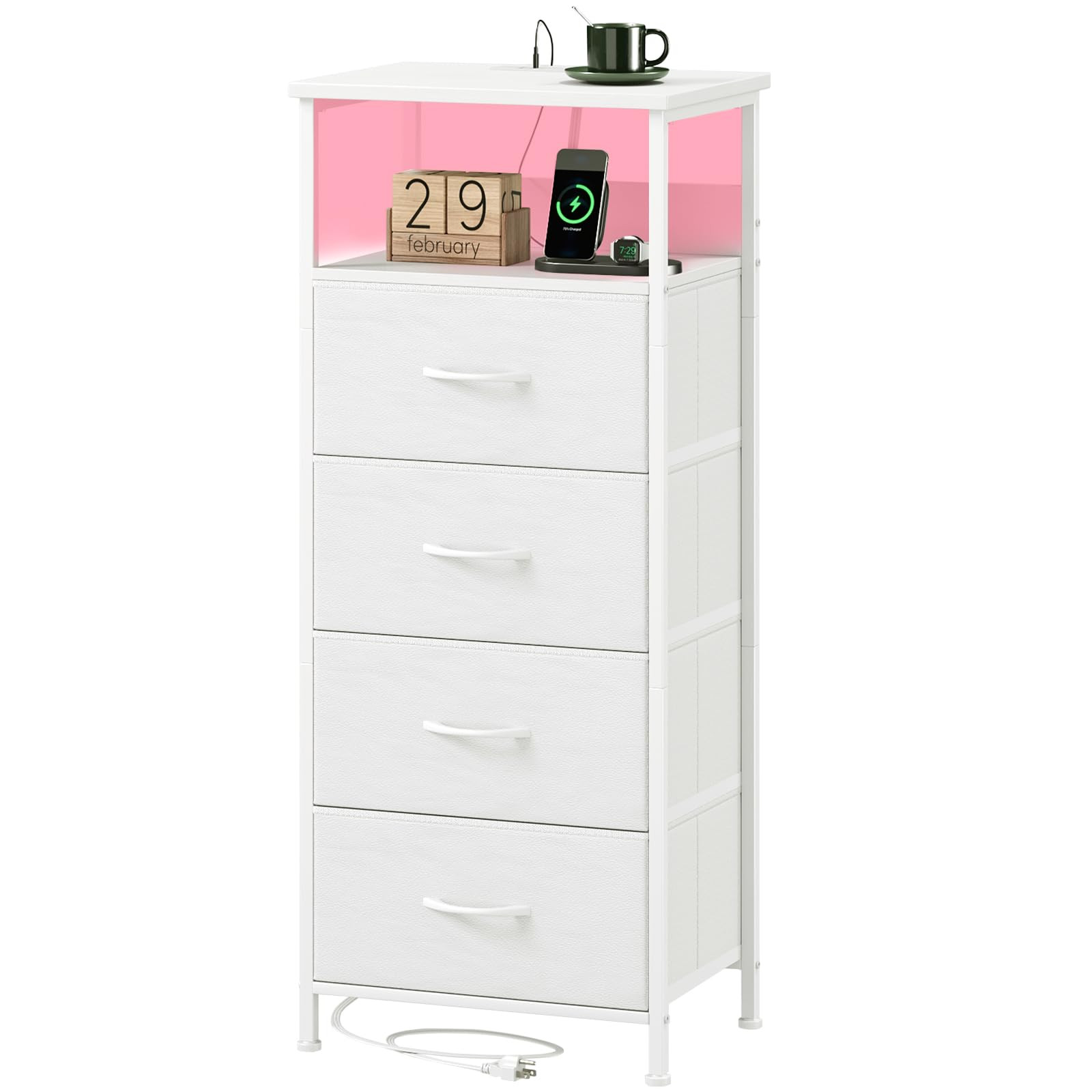 Somdot White Nightstand with Charging Station and LED Light for Bedroom, Tall 4 Drawers Dresser w... | Amazon (US)