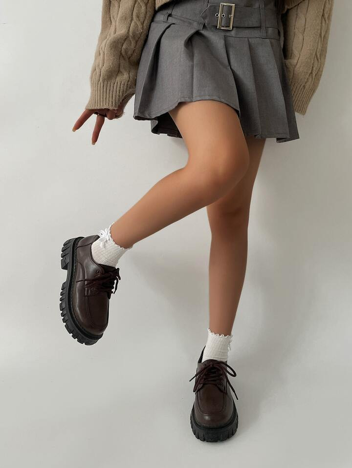 Women's Chocolate Brown College Style Monochrome Lace-up Flat Oxford Shoes | SHEIN