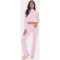 Fold Over Trousers In Pink And Grey Stripe Rib Knit, Women's Size UK Small S | EGO (UK)