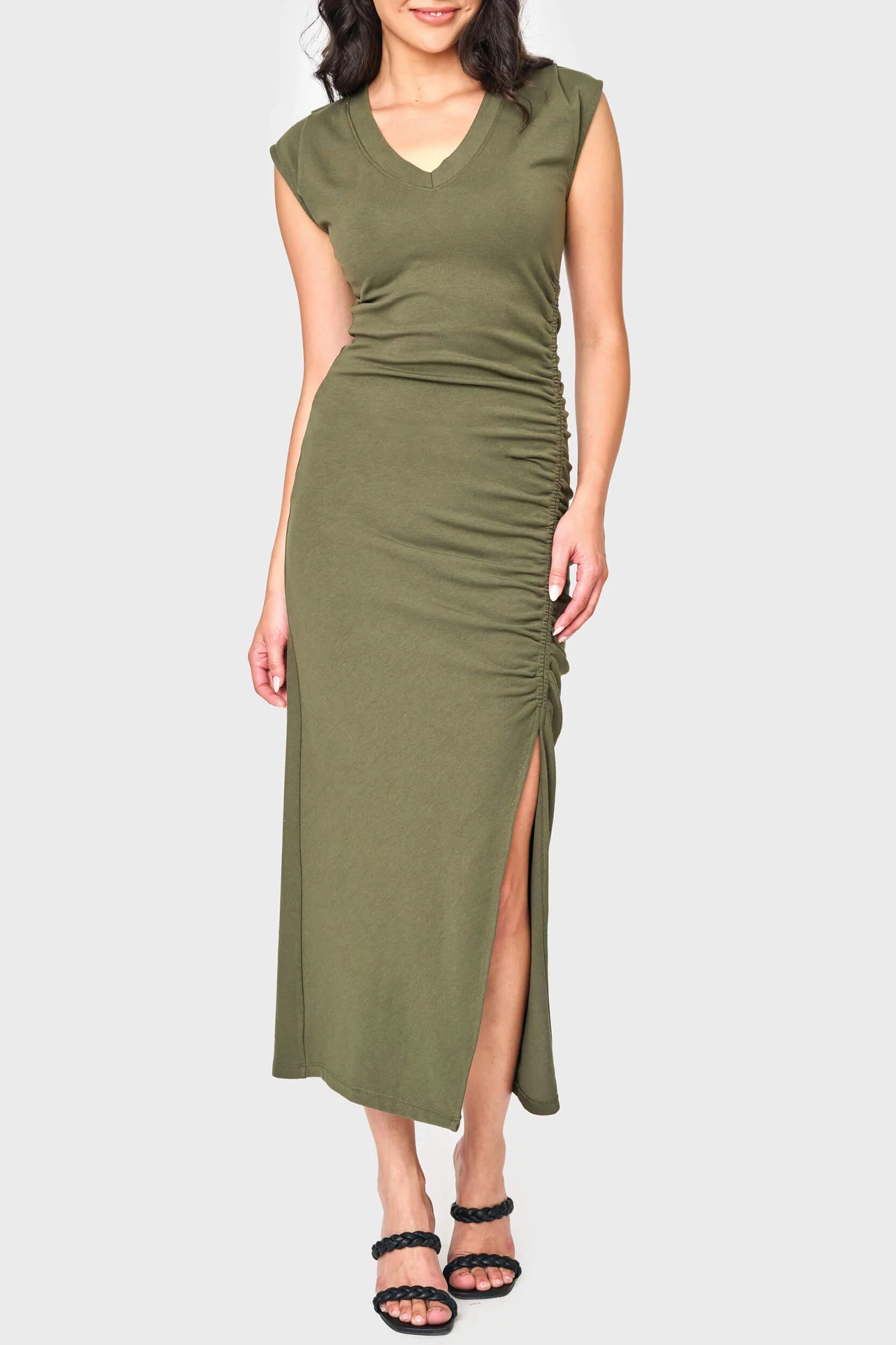 Soft Ponte V-Neck Side Cinch Maxi Dress | Gibson