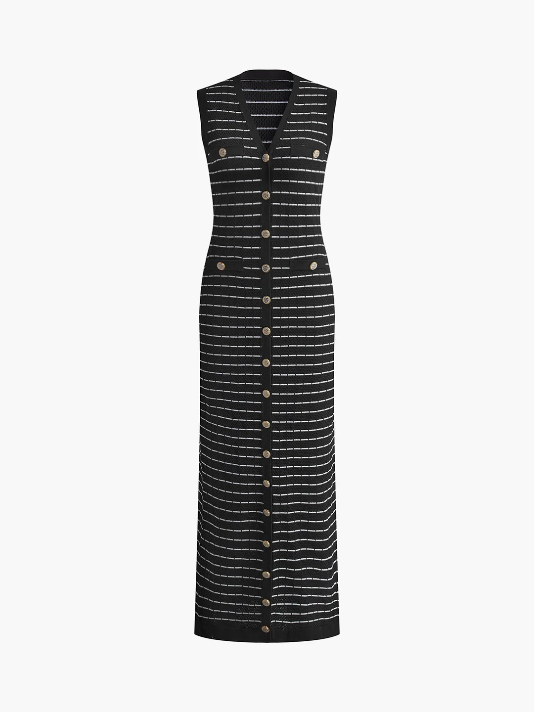 Striped Metal Button Long Sweater Dress | Commense
