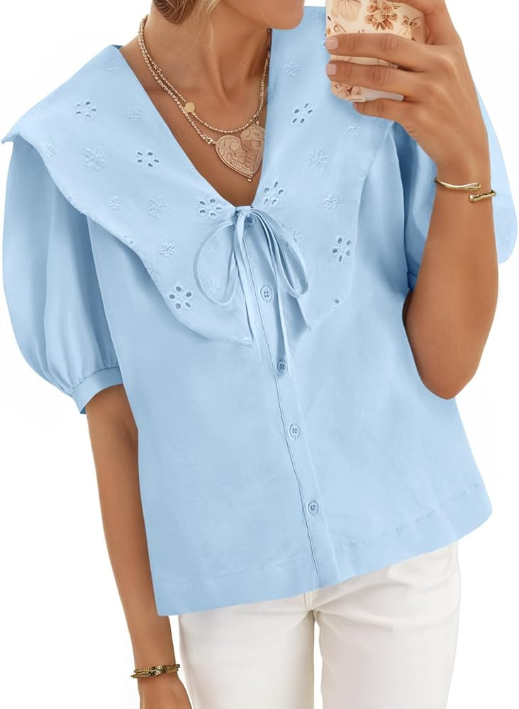 Cicy Bell Womens Peter Pan Collar Button Down Shirts Puff Short Sleeve Summer Casual Eyelet Tops ... | Amazon (US)