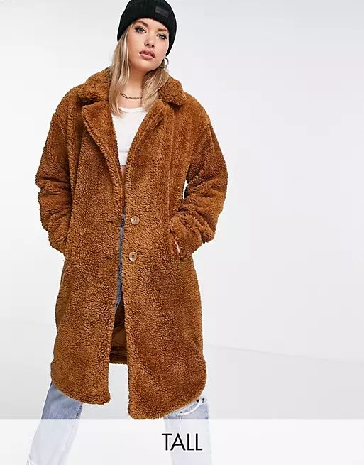 Threadbare Tall Bear oversized borg coat in tan | ASOS (Global)