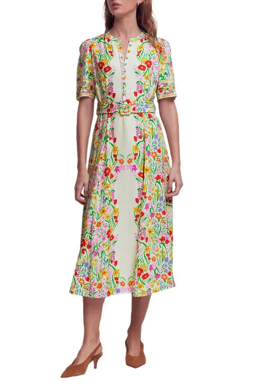 Boden Kate Floral Puff Sleeve Belted Shirtdress in Ivory Garden Placement at Nordstrom, Size 4 | Nordstrom